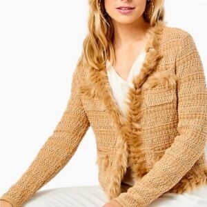 Lily Pulitzer Women's Preona Cardigan Sand Castle Tweed with Faux Fur Trim
